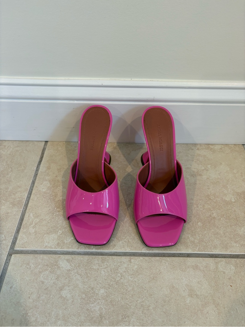 Amina Muaddi Patent Pink Open-Toe Slide Heels